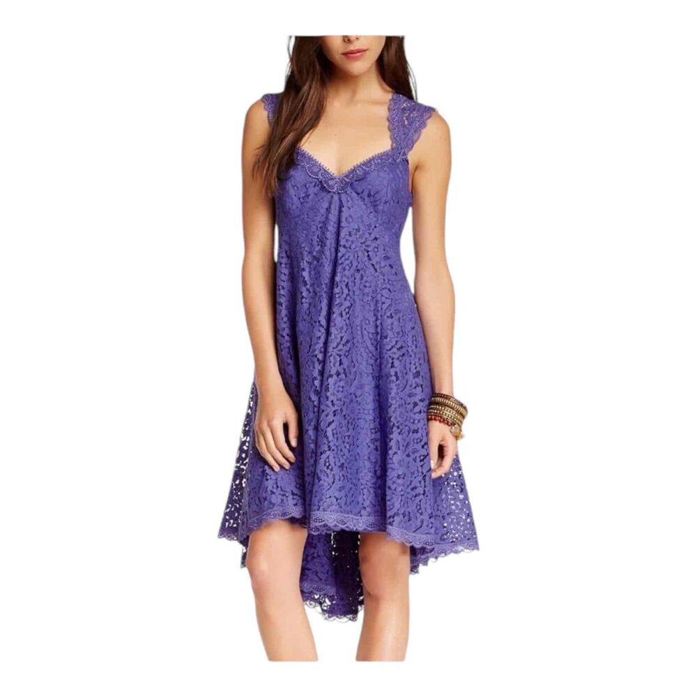 Free People Purple Lace Sleeveless V Neck Mini Dress Scalloped Edges Size 0